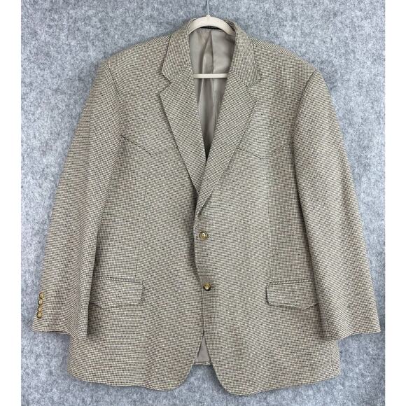 Luskeys Ryons Silk Western Blazer Sport Coat Mens 48L Beige Houndstooth Cowboy